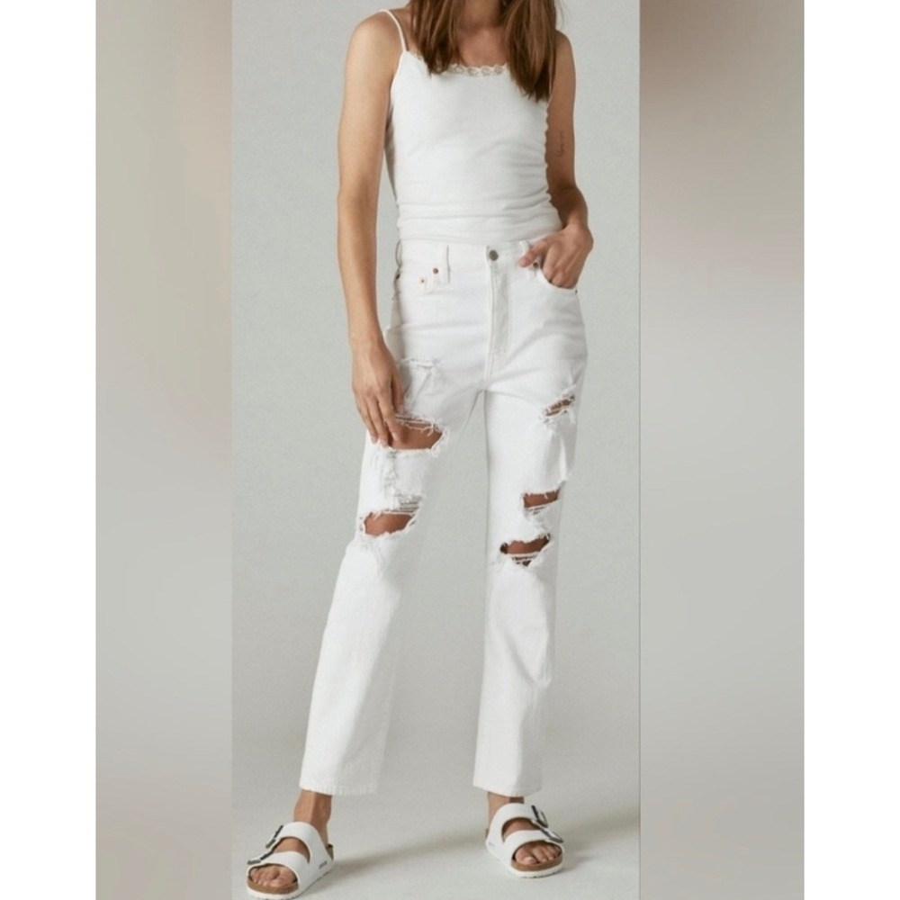 Lucky‎ Brand Jeans 0 25 Drew Mom High Rise Tapered Distressed White Button Fly